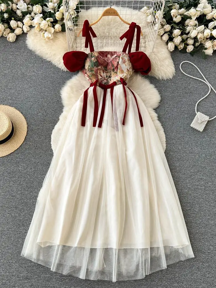 

Embroidered Retro Print Camis Dress Women French Style 2023 Summer Lace-up Design Off Shoulder Long Mesh Dress Elegant