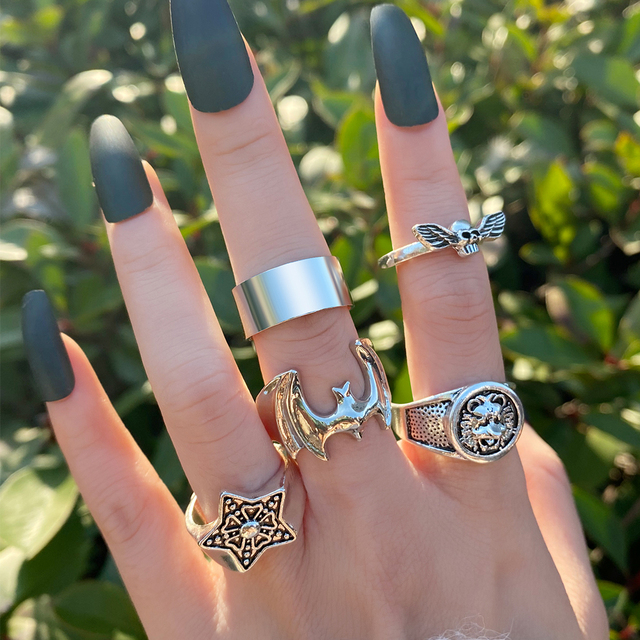 Silver Color Skull Heart Rings Set For Women Men Gothic Chain Retro Rings 2021 Trend Fashion Jewelry