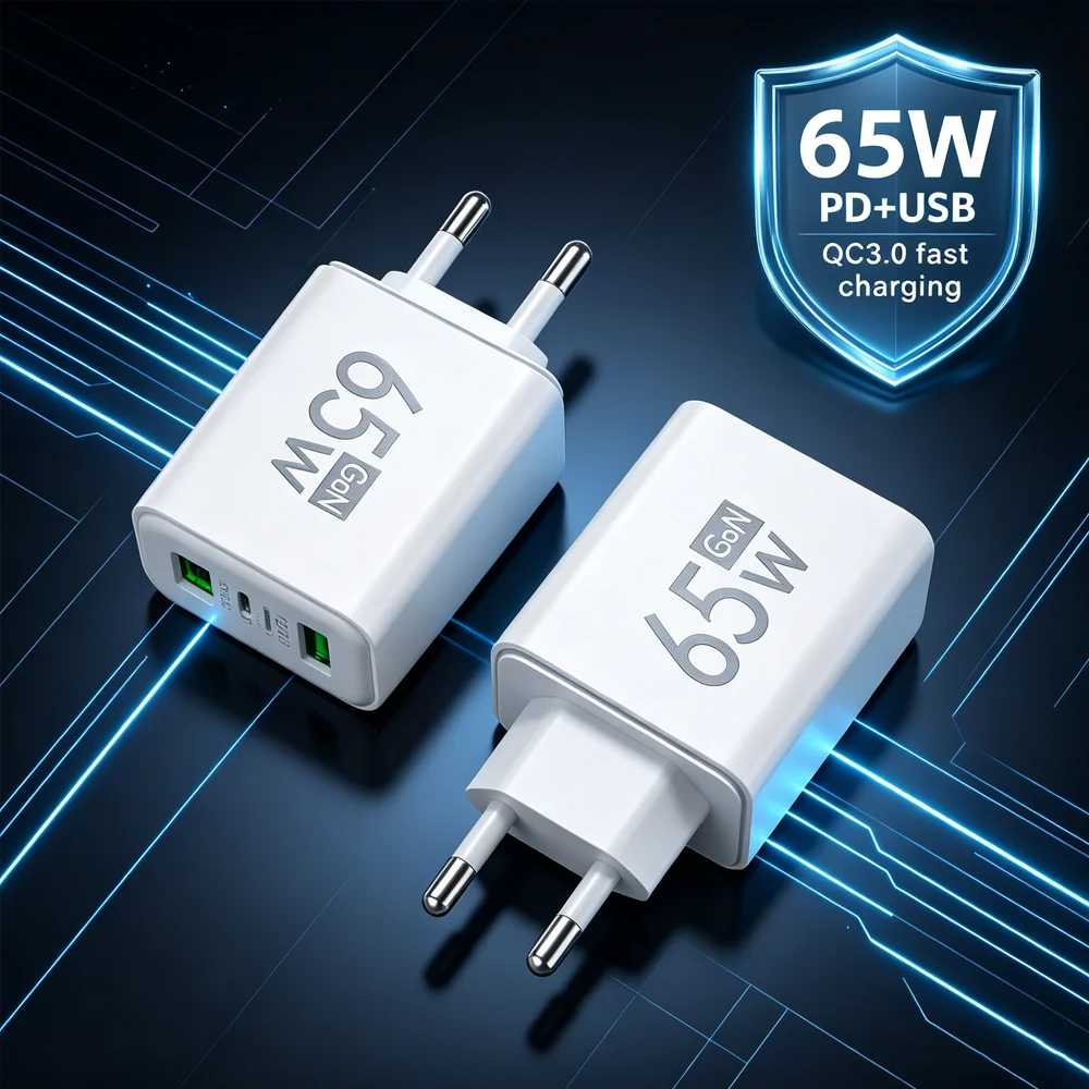 65W 3포트 USB GaN 충전기 QC3.0 PD 타입 고속 충전 EU/US 플러그 벽면 충전기 (아이폰, 삼성, 샤오미, 화웨이 휴대폰용)