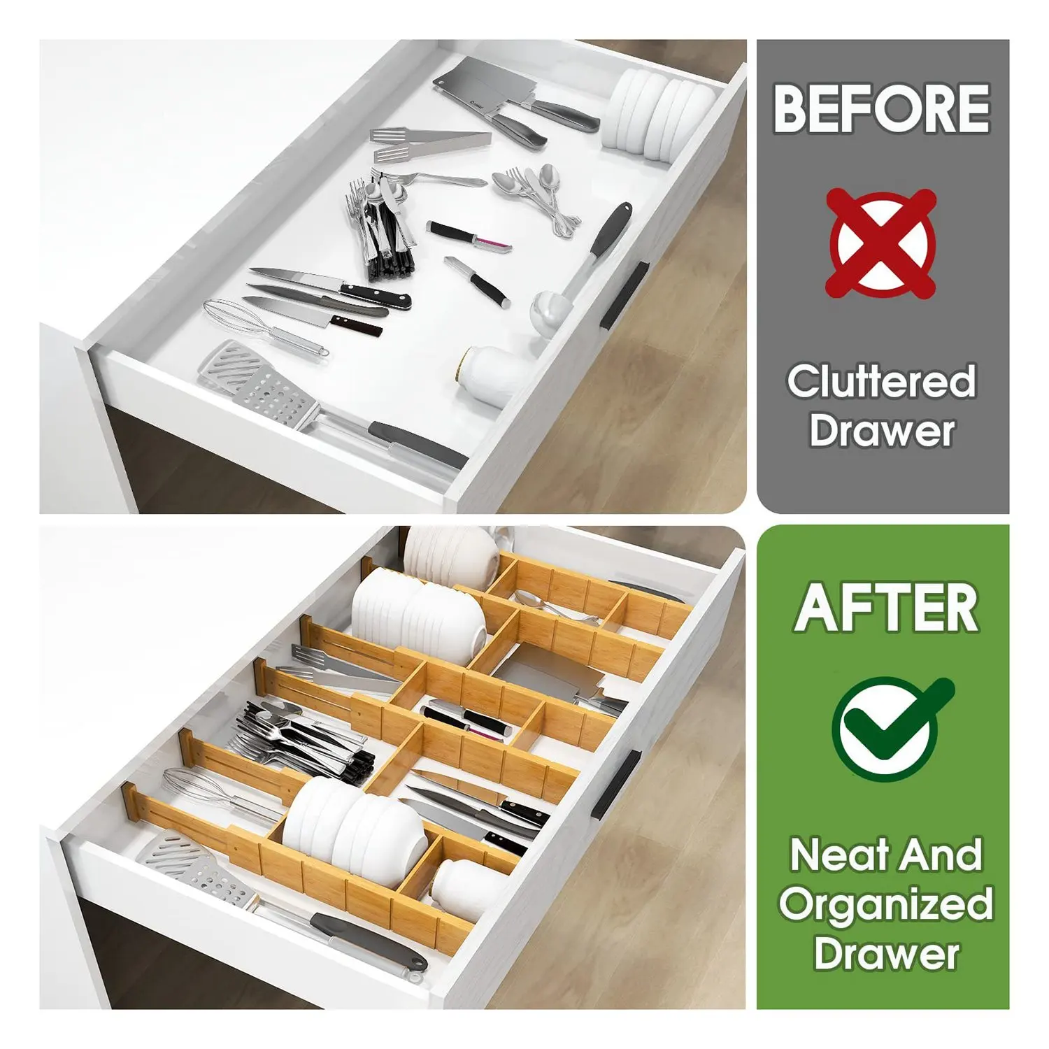 6x Bamboo Drawer Dividers with 12 Inserts,16.3-22Inches,Expandable Kitchen Drawer Organizer,Adjustable Drawer Separators