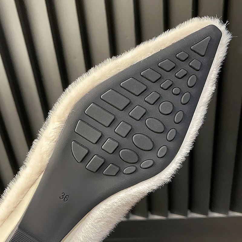 Aphixta Luxury Crystal Buckle Slip On Flats Soft Furry Shoe Shallow Flat With Women Loafers Pointed Toe Warm Casual Shoes