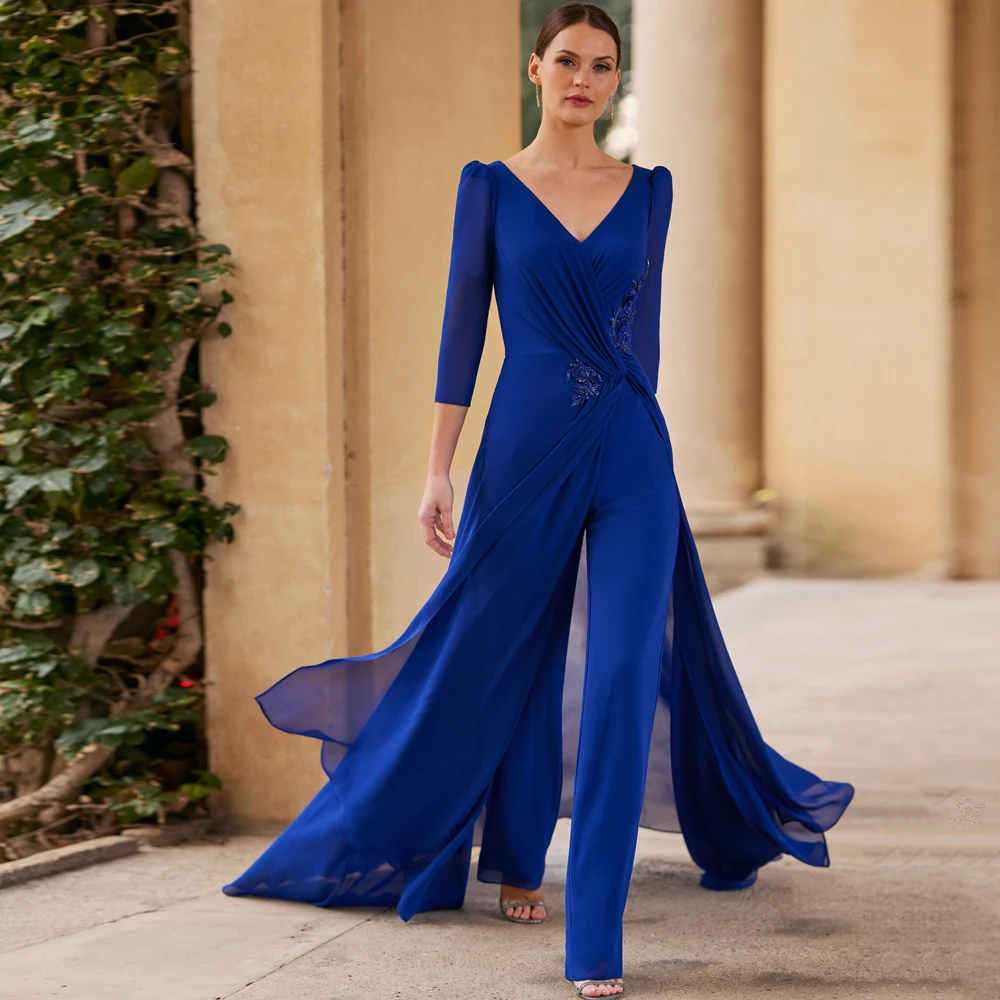 

Elegant Royal Blue Mother of the Bride Dresses V Neck 3/4 Sleeve Wedding Party Gowns Applique Ankle-Length Chiffon فساتين السهرة