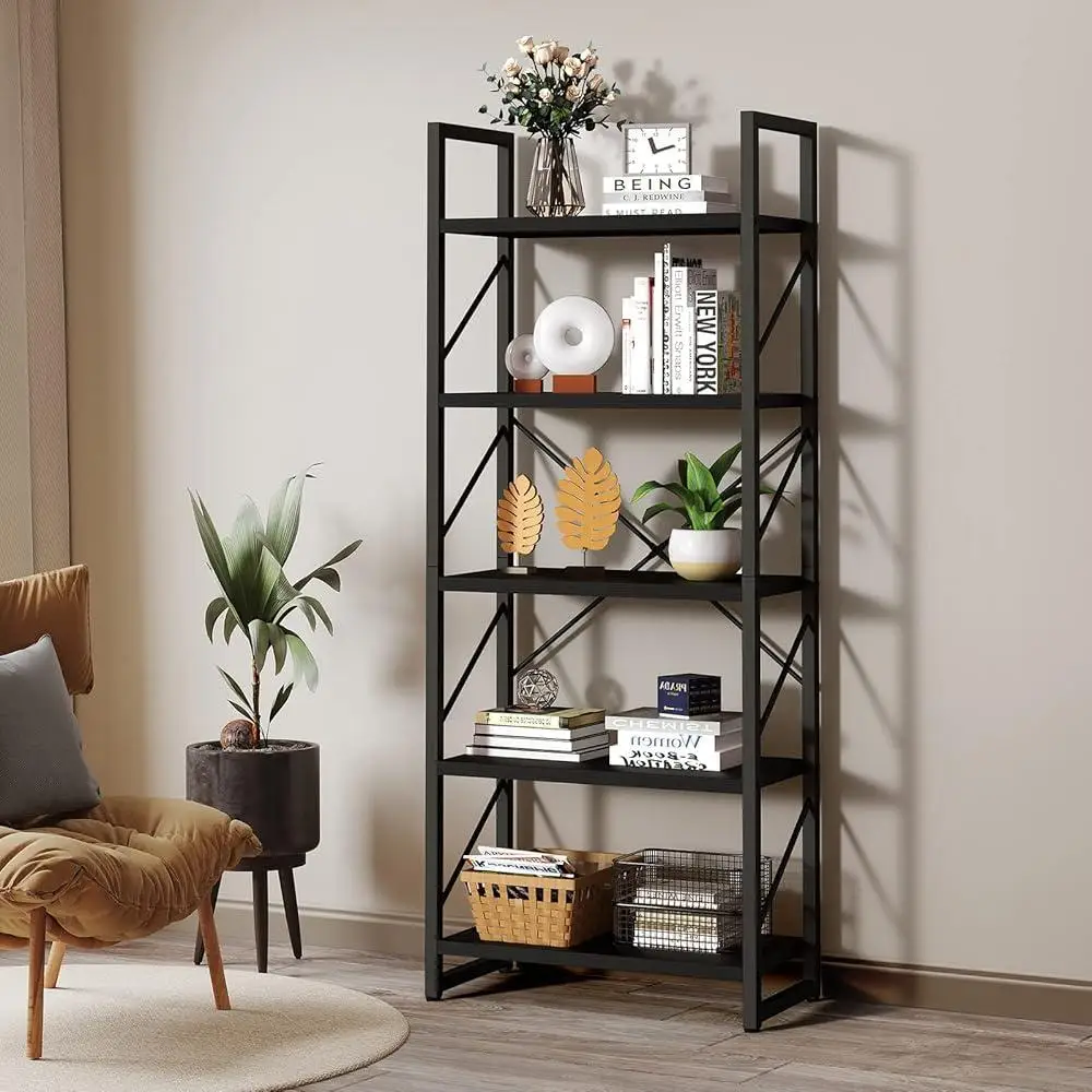 5 Tier Bookshelf Modern Bookcase Open Storage Rack Organizer Artsy Design Durable Metal Frame Anti-Tip Easy Assembly Multi-Zone 4