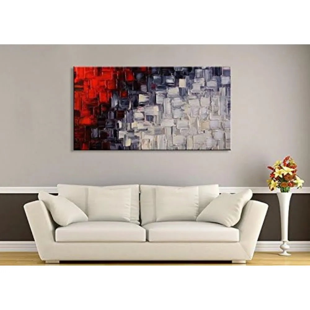 

Large Hand Painted Red and White Abstract Acrylic Canvas Wall Art Artwork Contemporary Painting Stretched Hang Framed 60"Wx30"H