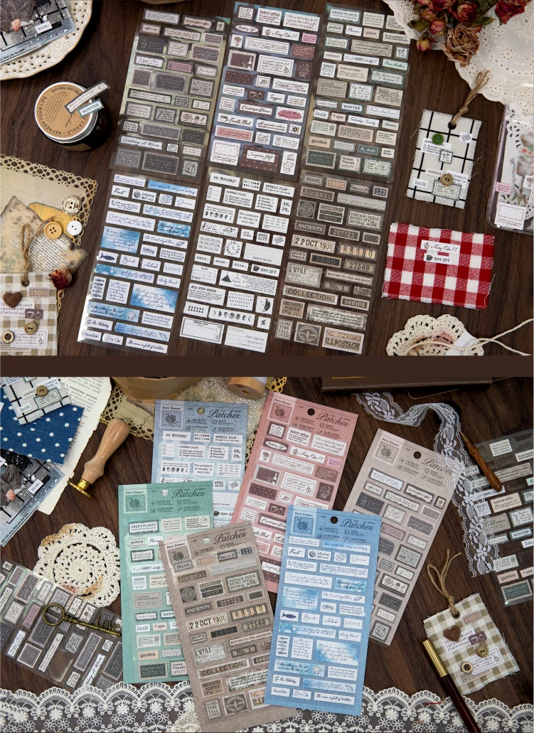 1 PC Patch Series Retro English Label Cloth Adhesive Stickers Creative Collage Decoration Junk Journal DIY Scrapbook Stickers