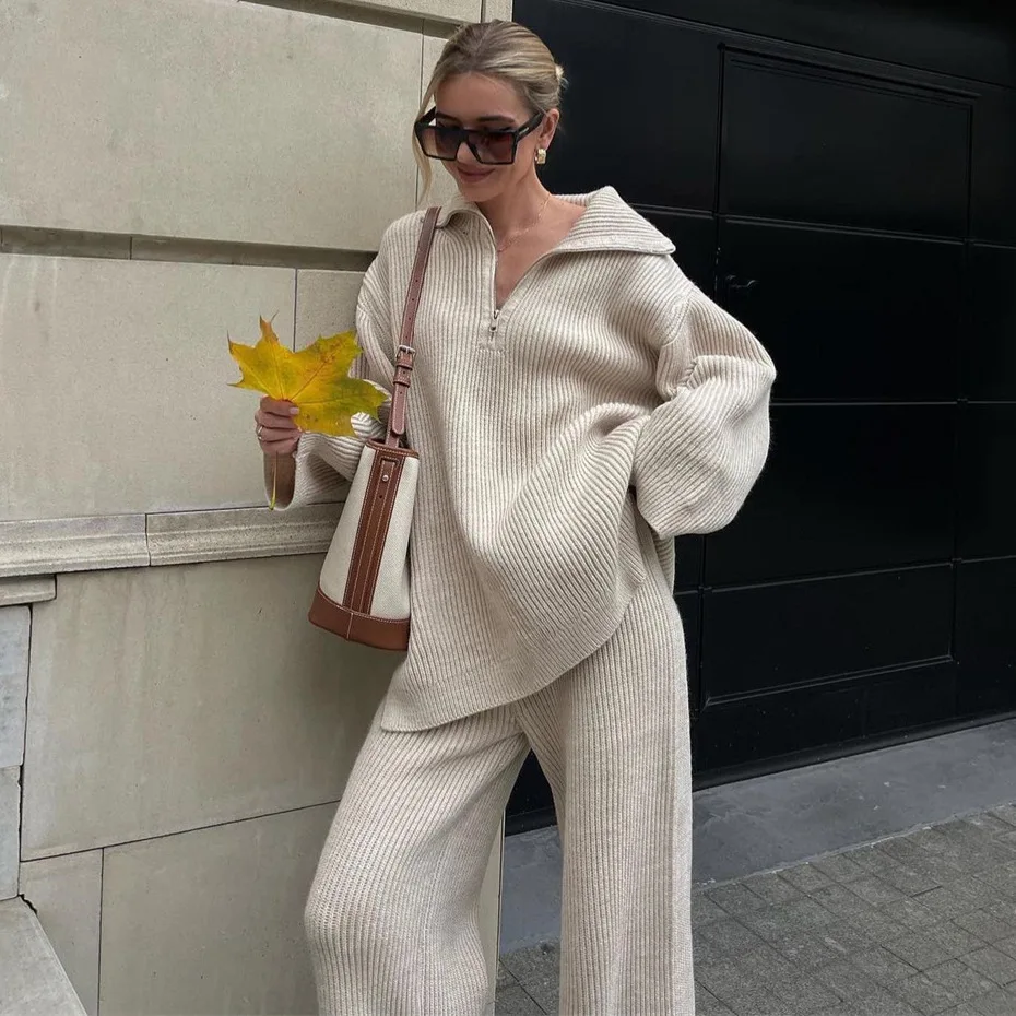 

Women Knit Two Piece Set Side Split Long Sleeve Warm Sweater High Waist Wide Leg Pants Sets Female 2024 Winter Casual Lady Suit