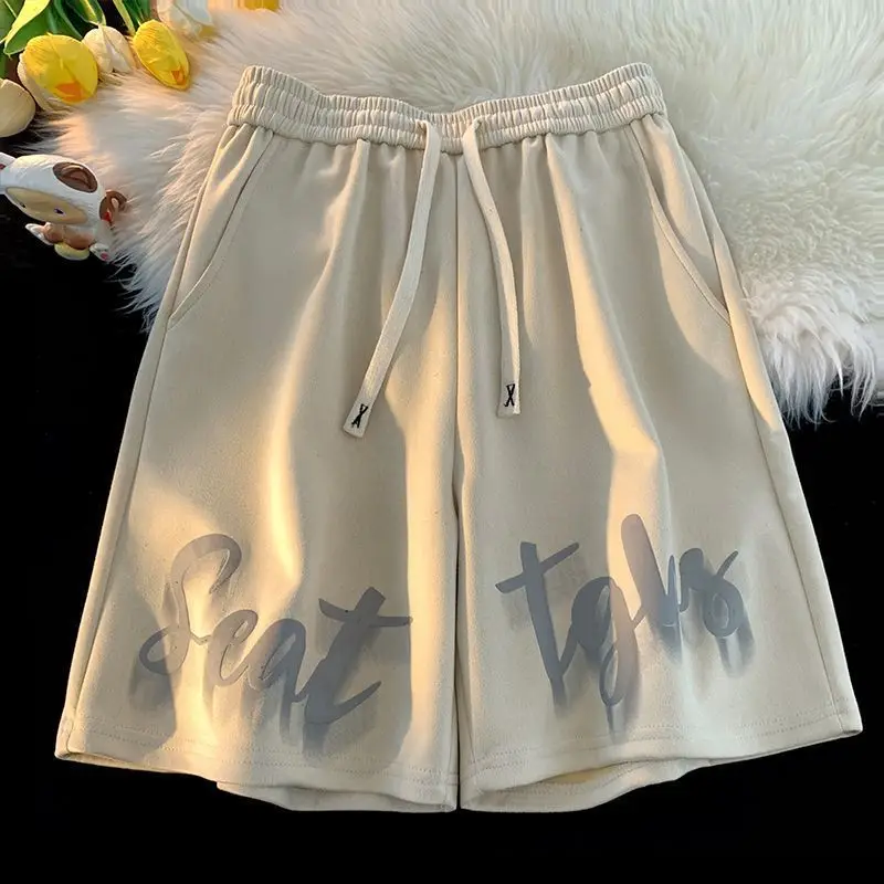 Fashion Elastic Lace Up Pockets Printed Letter Casual Shorts Men's Clothing 2024 Summer New Loose Young Style High Waist Shorts
