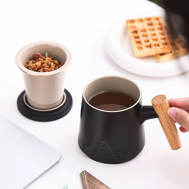 Portable Ceramic Tea Mug with High-end Mountain Carved Pattern Creative Thermos Cup Gift Box Packaging, Outdoor Office Home, 1Pc