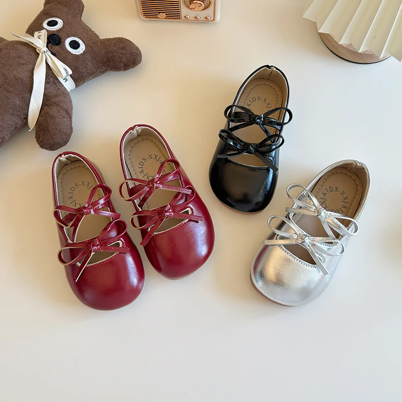 Girls Leather Shoe for Party Wedding Classic Children Flats Princess Shoes with Bow-knot Fashion Kids Black Ballet Shoes leather shoes,girls shoes,girls flats