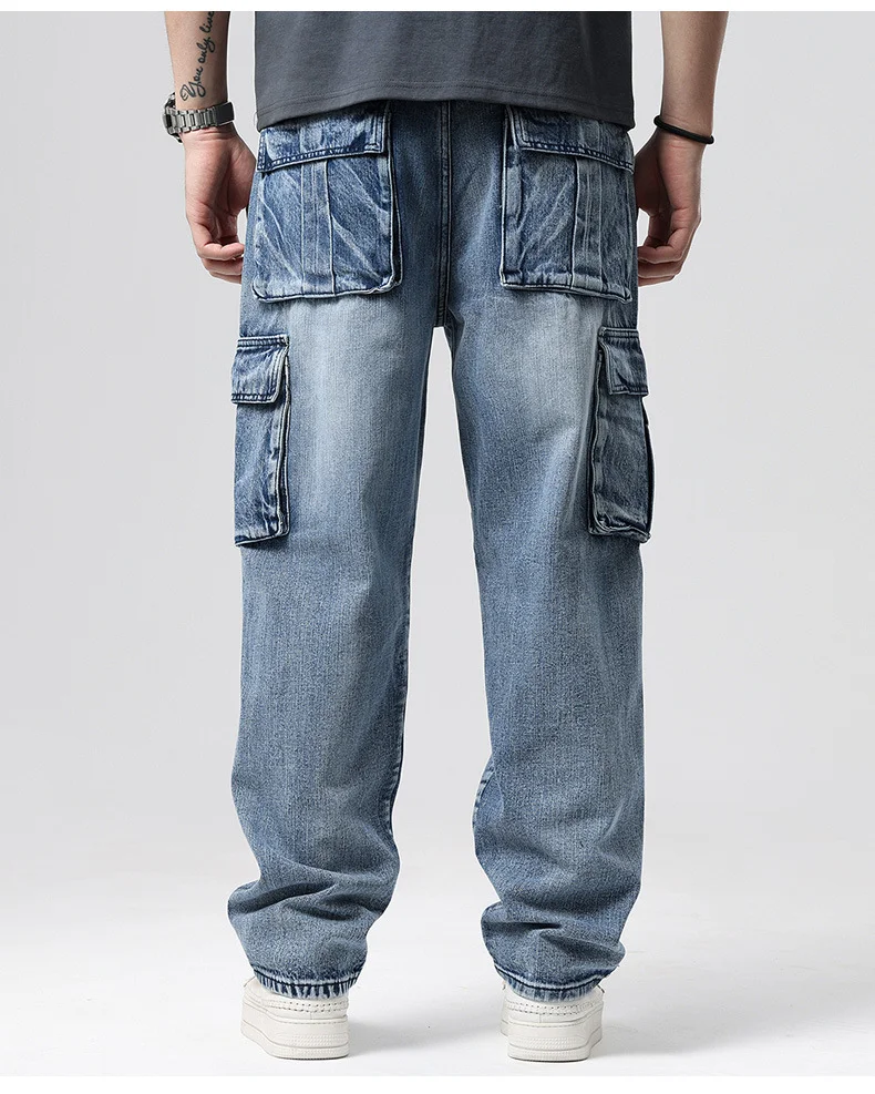Large Size 46 Loose Jeans Men Denim Pants Straight Pocket Baggy Casual Streetwear Hip Hop Brand Blue Wide Leg Cargo Trousers 4