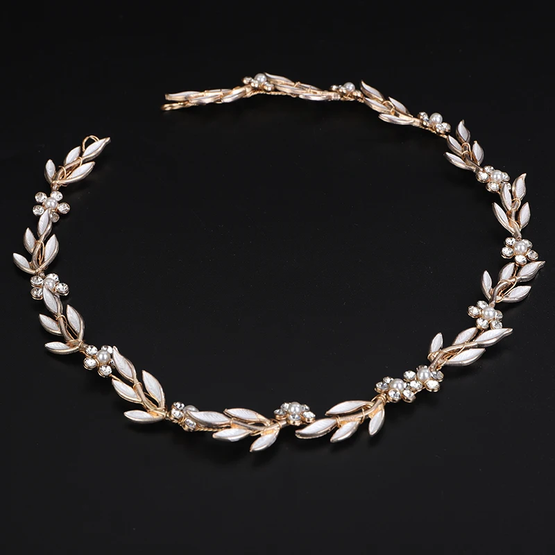 Gold Leaf Wedding Headbands Handmade Bridal Headpieces Bride Rhinestone Pearl Flower Tiaras Wedding Hair Accessories for Women