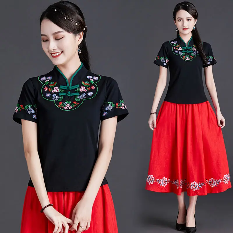 Women Chinese Style Vintage Floral Print Qipao Tops Hanfu Tee Shirt