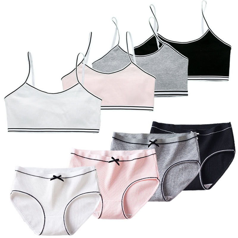 Girls Training Bras Panties Solid Kids Cotton Underwear Sets Teens Students Bra Vest and Panties Wireless Girls Cotton Bra 8-16Y