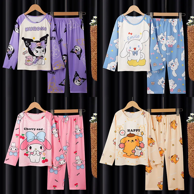 

2024 Miniso Spring Autumn Kids Pijama Kawaii Anime Kuromi Cinnamoroll My Melody Children Milk Silk Pajamas Boy Girl Sleepwear