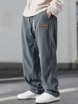Men Casual Pants Corduroy Trousers Loose Fit Baggy Pants Straight Sweatpants Fleece Warm Drawstring Outdoor Streetwear