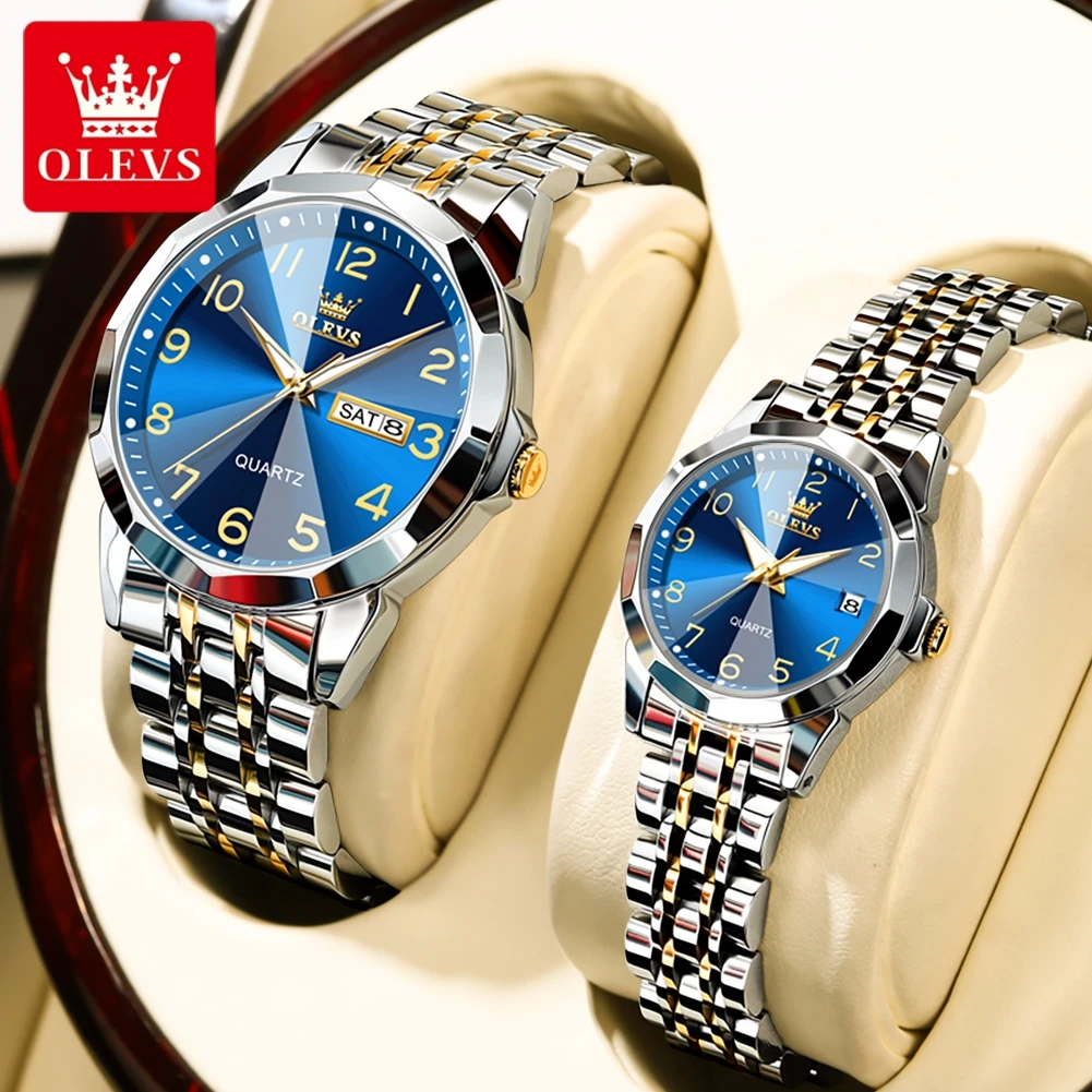 OLEVS 9970 Luxury Couple Watch Men Women Stainless Steel Waterproof Calendar Wristwatch Digital Dial Rhombus Mirror Lovers Watch