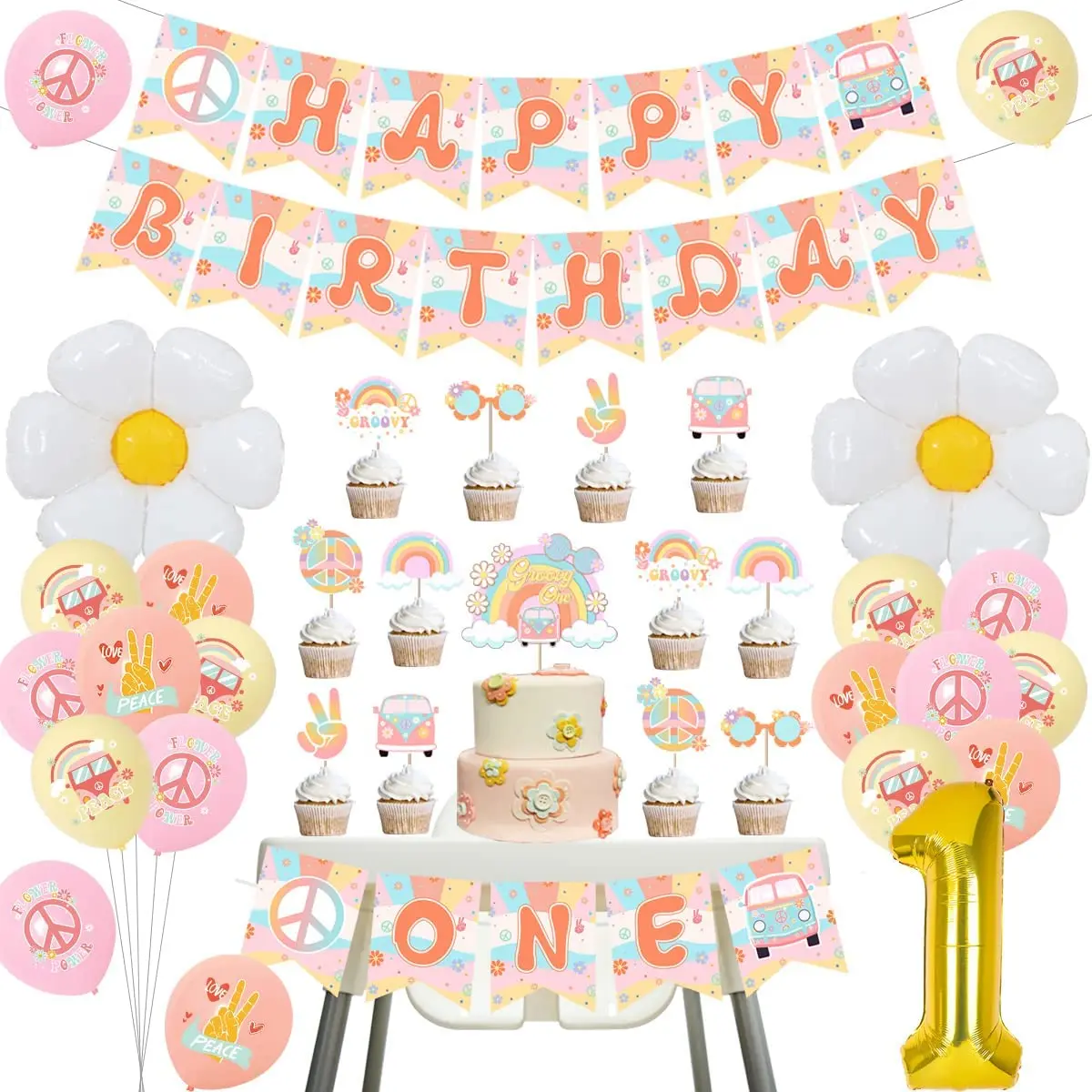 

Funmemoir One Groovy Baby Girl 1st Birthday Decorations ONE Banner Daisy Balloons Cake Toppers Retro Hippie Theme Party Decor
