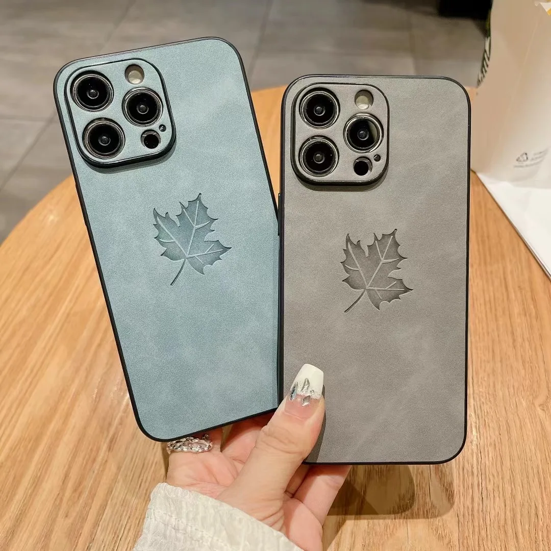 Luxury Maple Pattern Suede Leather Phone Case with Fine Hole Camera and Shockproof Soft Bumper Cover