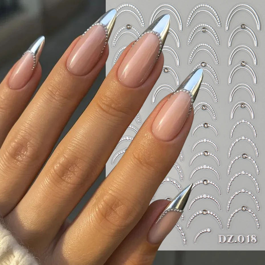 2개입 5D 엠보싱 골드 실버 프렌치 스타일 네일 스티커 우아한 라인스톤 메탈릭 물방울 무늬 곡선 라인 네일 참