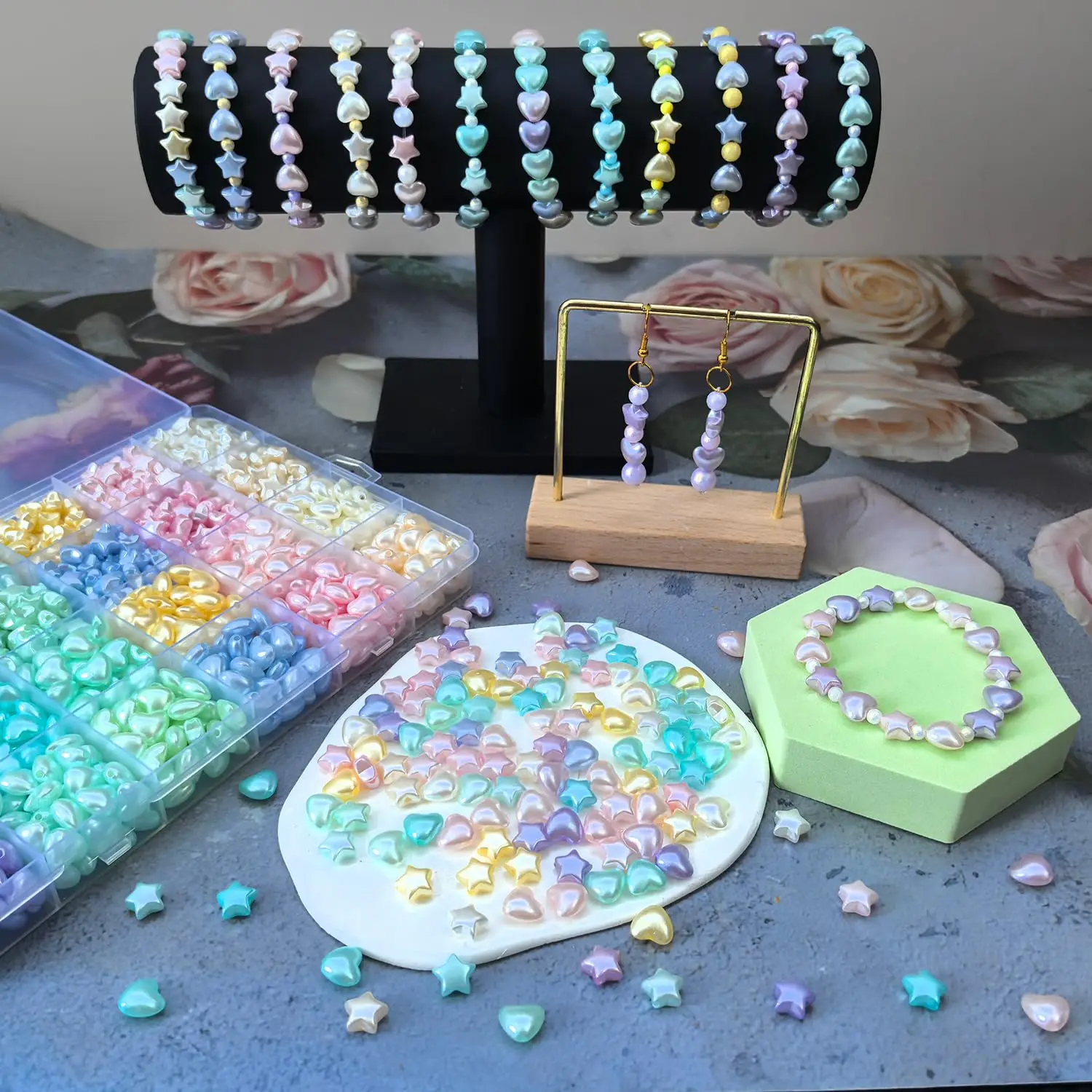 480-teiliges Set aus Stern- und Herzperlen aus Acryl, mattierte goldene Folie, pastellfarben, bunt, verschiedene Perlen für die Herstellung von DIY-Schmuck – Detail 8