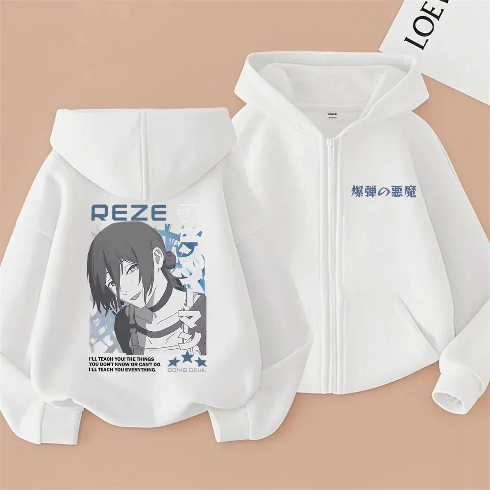 Anime Chainsaw Man Reze Double Sided Print Zipper Hoodie Men Women Fashion Oversized Zip Up Jacket Male Retro Cotton Sweatshirt