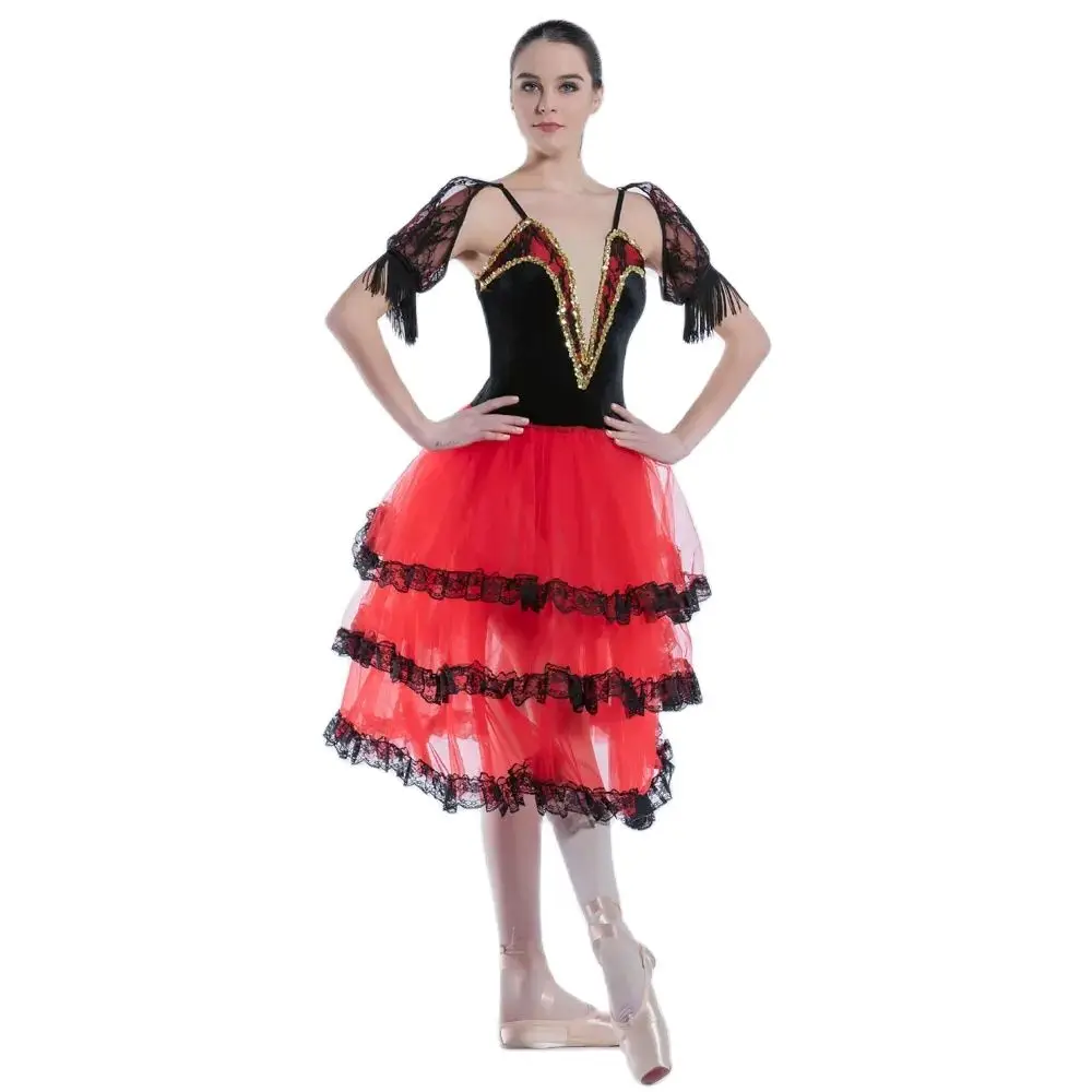 

19023 Black Velvet Camisole with Lace Tassel Sleeves and Tulle Dress Spanish Romantic Tutu Child & Adult Dance Standard Costumes