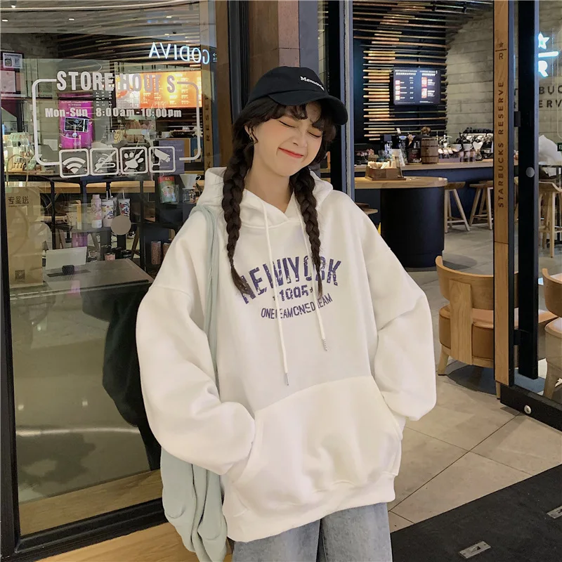Womens Clothing Streetwear Sweatshirt Fashion Hoodie Letter Printing Long Sleeves Casual Warm Oversize Baggy Ladies Tops Autumn