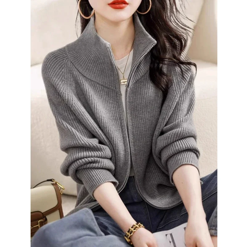 New Fashion Knitted Cardigan Zipper Women's Sweater Turtleneck Solid Color Elegant Long-sleeved Jacket
