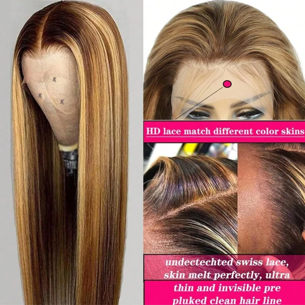 26 Inch 250% Density P4/27 Highlight Bone Straight 13x6 HD Lace Frontal Wigs Human Hair Brazilian Ombre Honey Blonde Human Hair