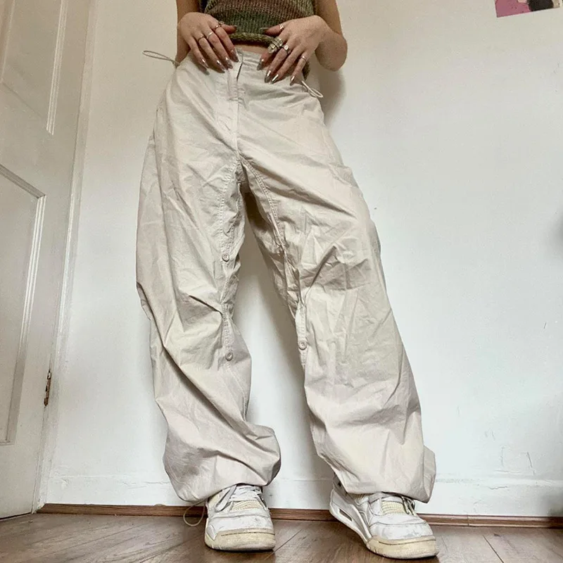 

Women Casual Tech Pants Retro Solid Low Waist Drawstring Baggy Trousers Y2K Fashion Wide Leg Sweatpants Streetwear Joggers Pants