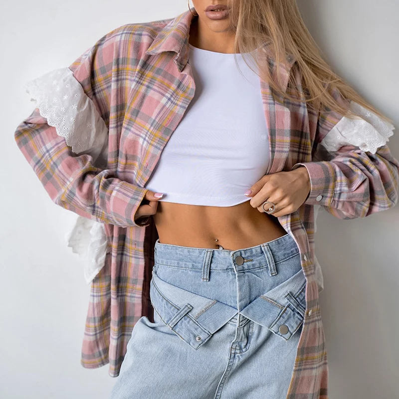 

PASSIONNÉ Women's Blouse Lapel Long Sleeve Ruffles Patchwork Hit-color Plaid Shirts Female Casual Fashion 2023 Autumn New