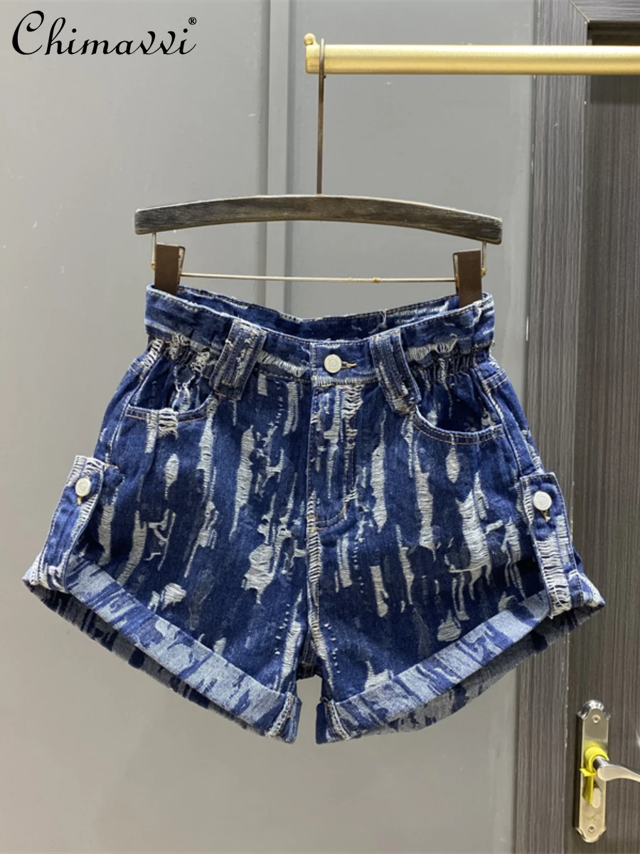 

Fashion Jacquard Embroidered Denim Shorts Women's 2024 Summer Wear High Waist Slimming Worn Loose-Fit Curl A- Line Hot Pants