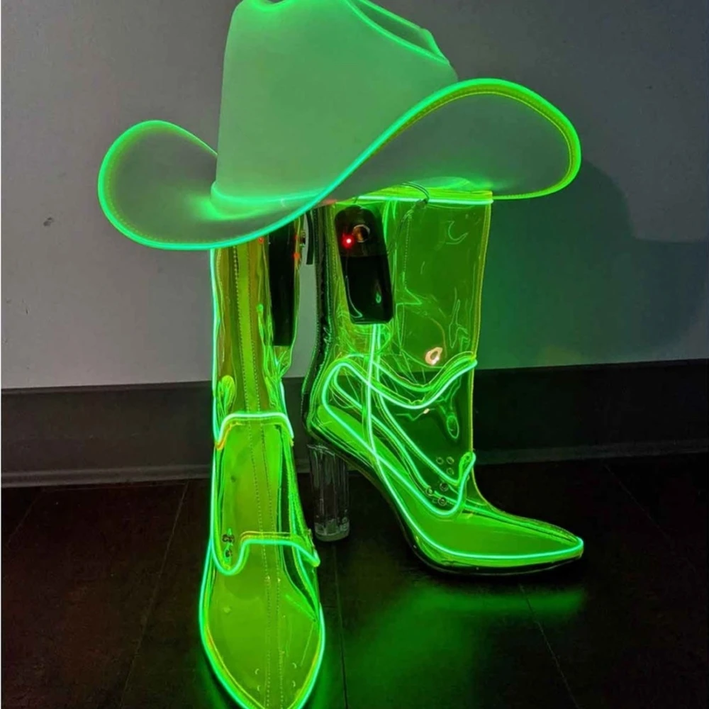 

Out Past Midnight Cowboy Boots Shine Pointed Toe Transparent High Heels Neon Waterproof Party Pink White Free Shipping Shoes