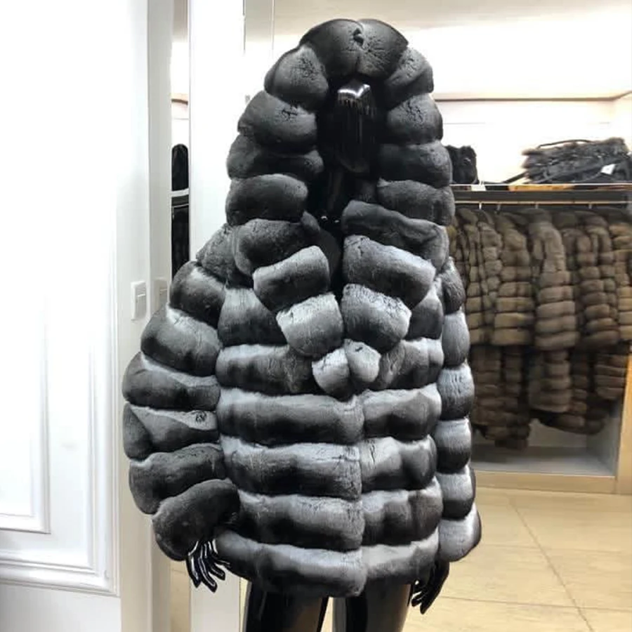 

Winter Jacket Women Real Fur Coat Chinchilla Fur Natural Rex Rabbit Fur Coat With Hood Warm Fashion Style 2022