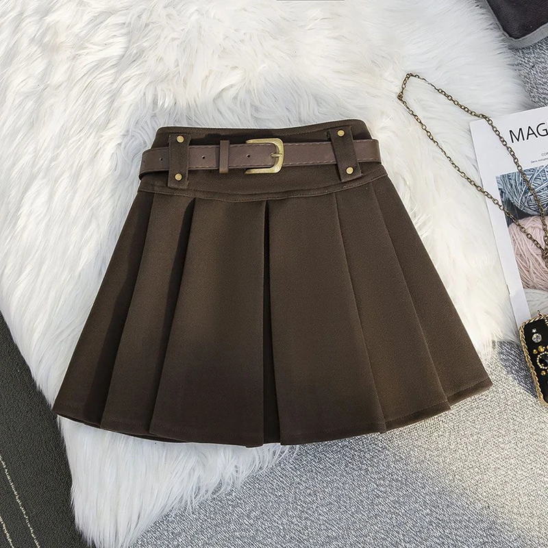 Vintage Woolen Mini Skirt Women with Belt Black Pleated Skirts Fall Winter Korean Preppy High Waist All Match A Line Skirt New 4