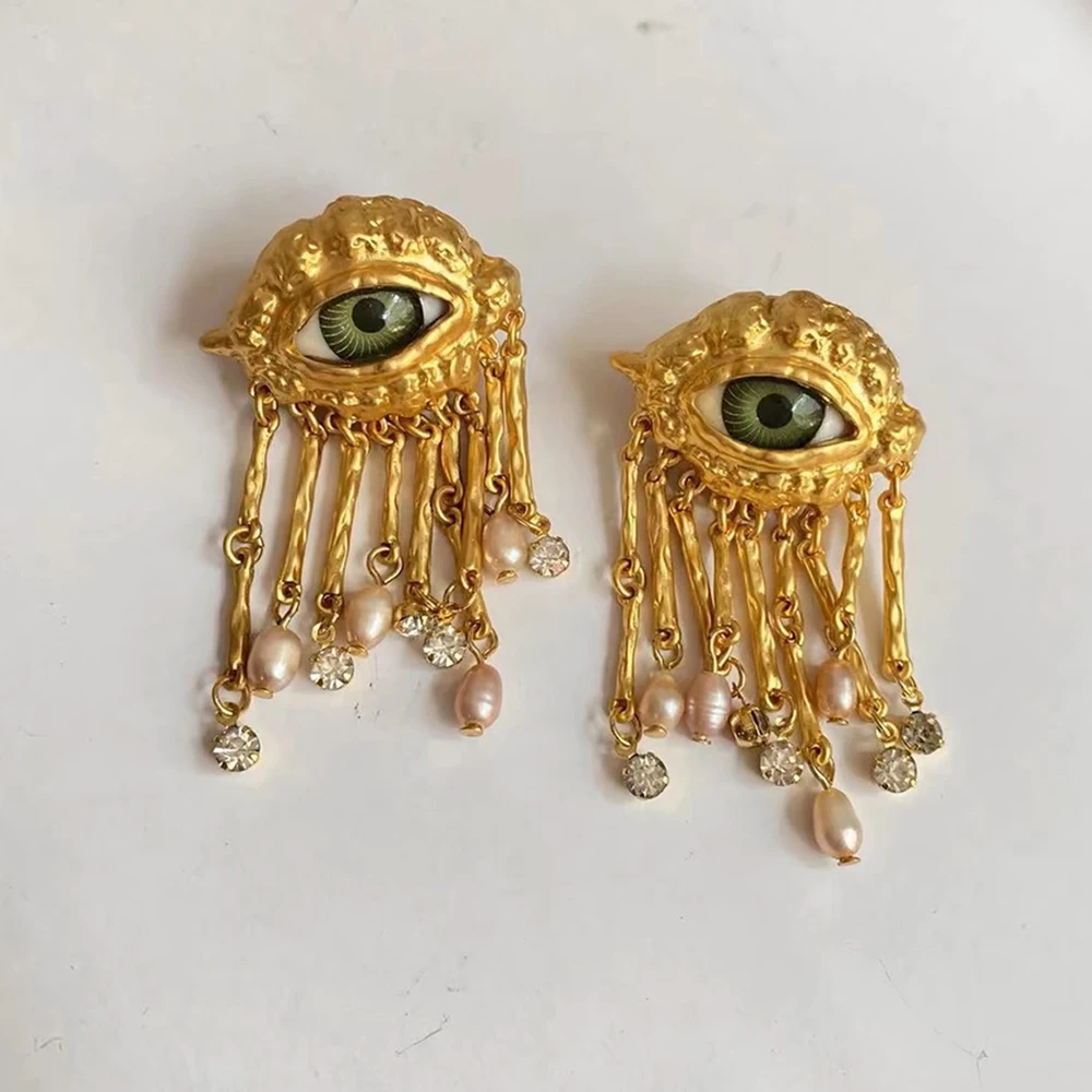 Sa55a0ed96fb84daaae2f56b27c26ef7fJ French Retro Unique Personality Exaggerated Eyes And Earrings Pearl Rhinestone Tassel Earrings Women's Jewelry Party Accessories Mallzona