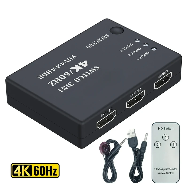 4K 60Hz Hdmi 2.0 Switch 3X1 Hdmi Video Switcher Selector 3 In 1 Out Con Telecomando Per Tv Box Ps4/5 Xbox Pc A Tv Monitor Proiettore