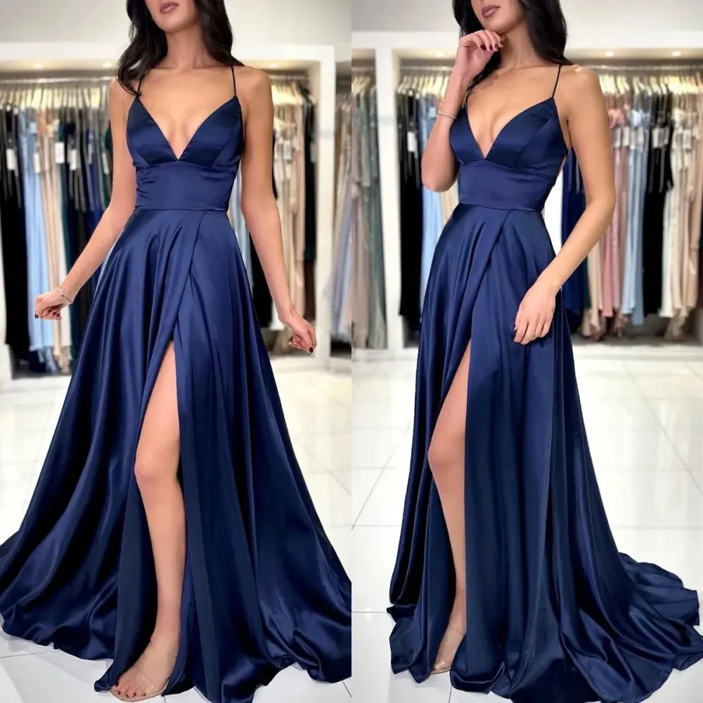 

Navy Blue A-Line Prom Dress Spaghetti Evening Dresses Elegant Dresses Thigh Split V-Neck Satin Bridesmaid Dresse Robes De Soirée