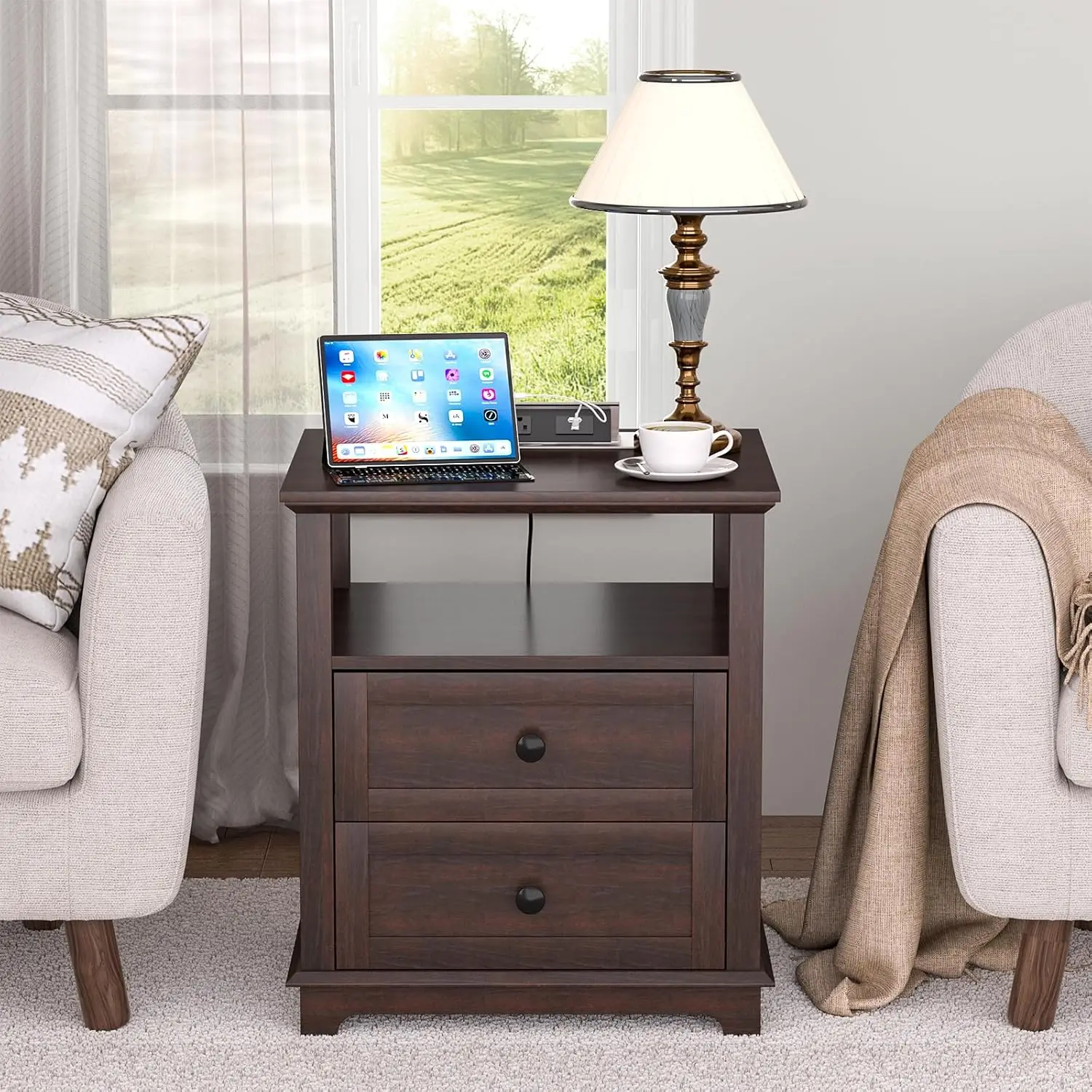 24" Tall End Table with 2 Drawers and Charging Station, Type-C & USB Port & Power outlets, Wooden Storage Cabinet, 21" W Large