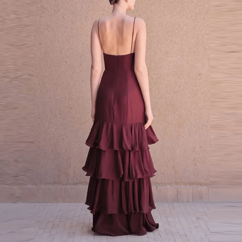 2025 New Ruffle Design High Waist Yacht Dress Cocktail Party Slim Fit Women's Long Dress Sexy V Neck Solid Summer Camisole Dress 5