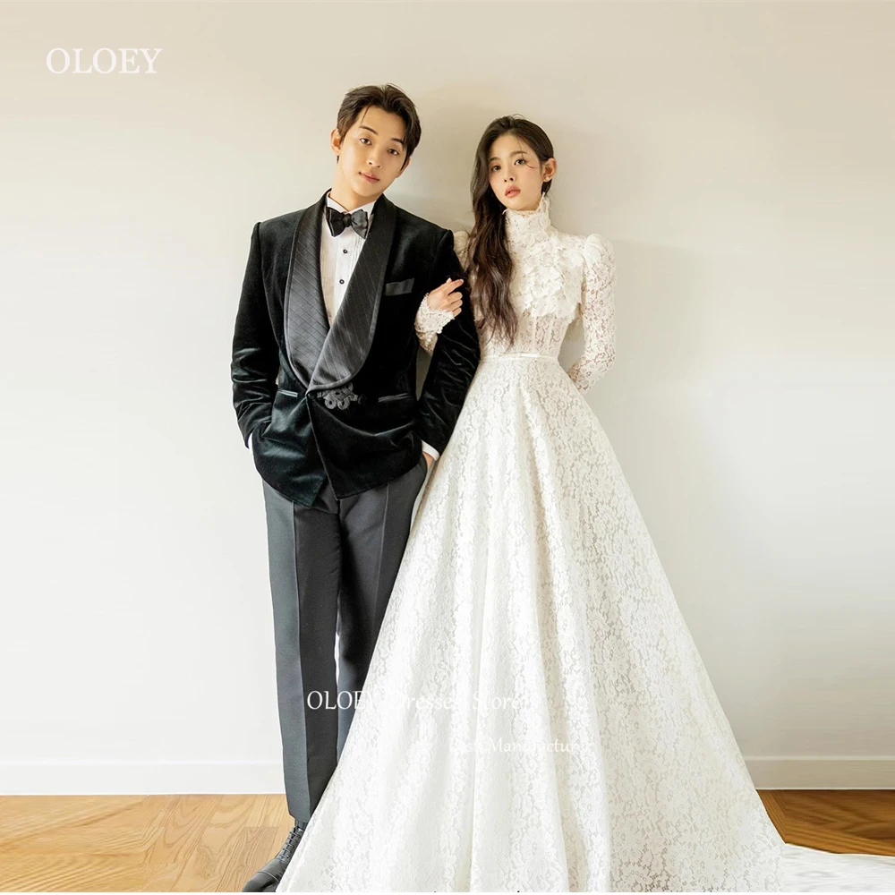 

OLOEY 2024 Modest Full Lace A Line Korea Wedding Dresses Photoshoot Long Sleeves High Neck Sweep Train Bridal Gowns Custom Made