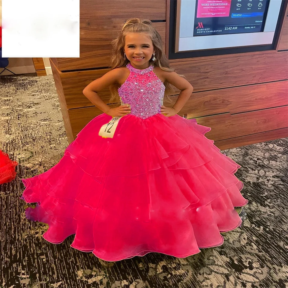 VeraQueen Girls Off Shoulder Pageant Dress - Tulle Beaded Princess Birthday Party Gown