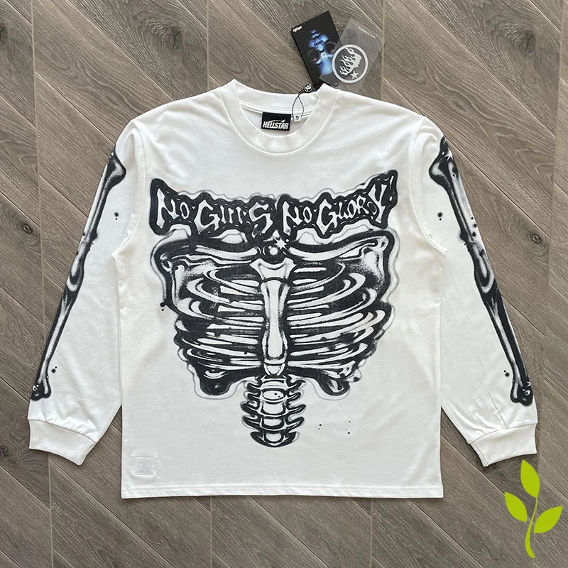 

Daily Loose Hell T-shirt Skeleton Element Printed Long Sleeve Tshirt White Round Neck Autumn/Winter T Shirt for Men and Women