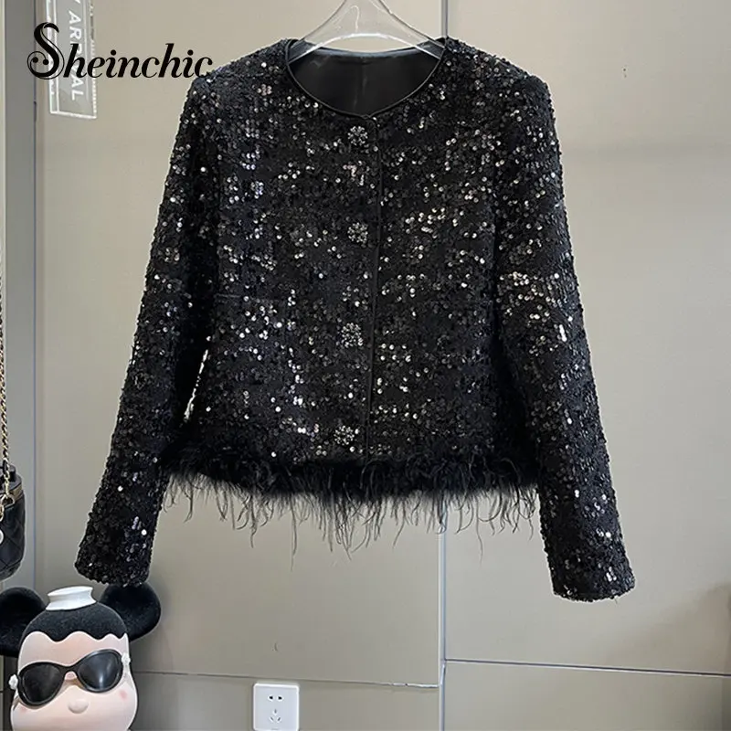 

Luxury Sequined Tweed Jacket for Women 2023 Spring Korean Fashion Outwears Brand Designer O-neck Short Wool & Blends Coats