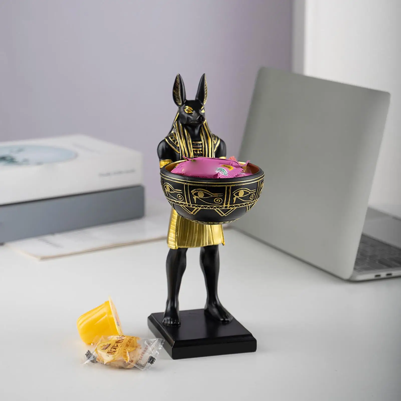 Dog Statue Decorative Resin Animal Sculpture With Bowl Egyptian Dog Desktop Ornament For Living Room Bedroom Shelf Table Study