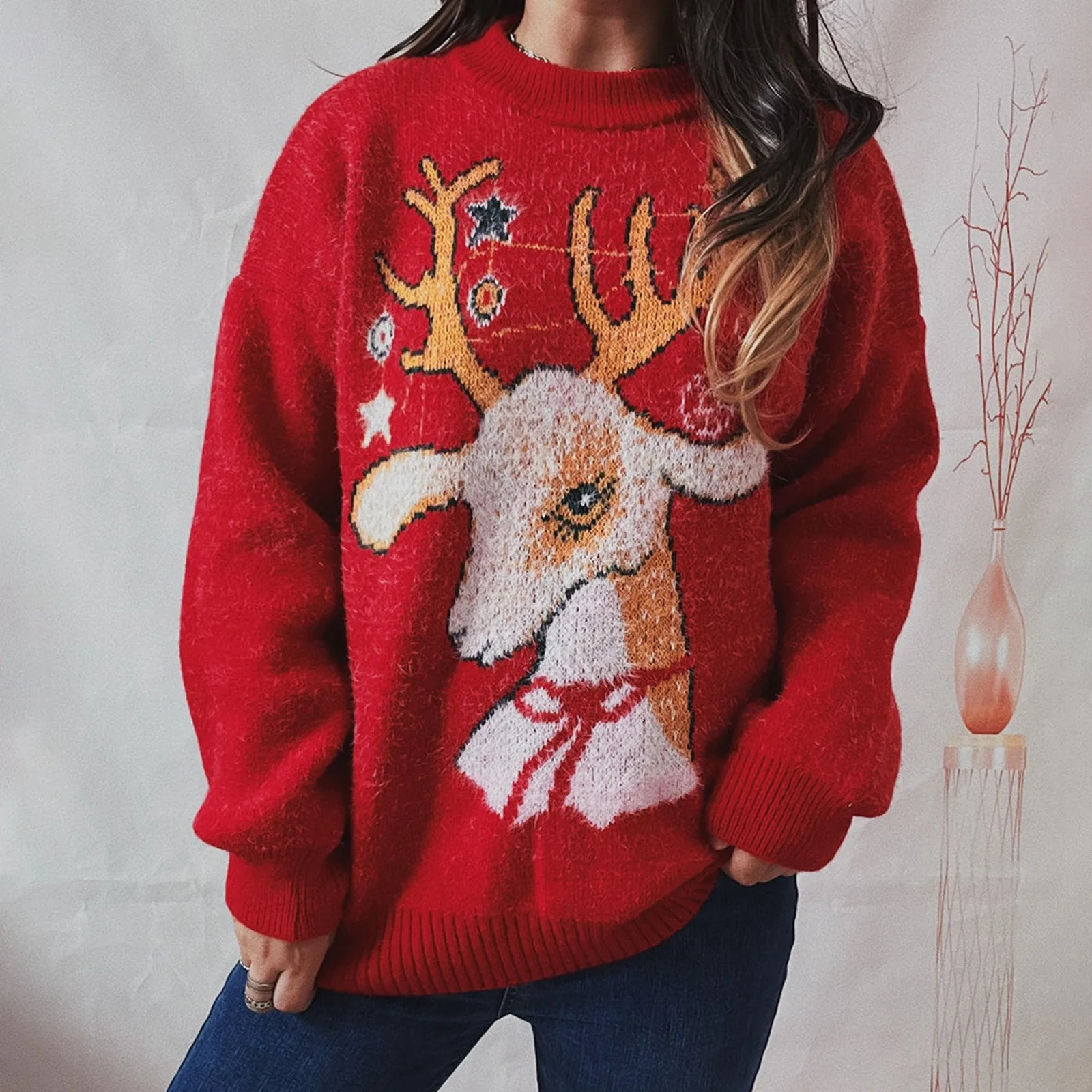 

Fashion Plus Size Christmas Sweaters Women Warm Knitted Pullover Retro Christmas Deer Print Knitwear Tops Jumper Sweater Female