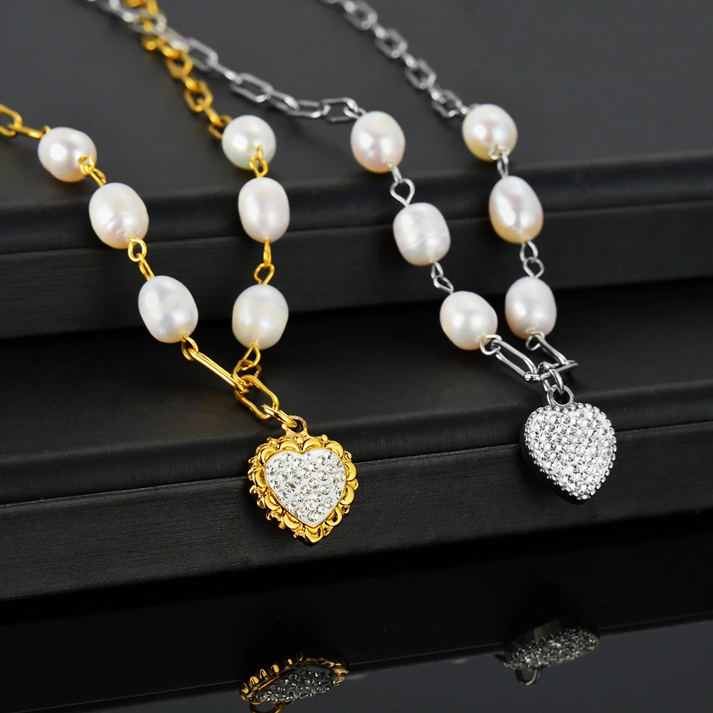 

Necklace for Women Heart Cubic Zirconia Imitation Pearl Stainless Steel Fashion Jewelry Valentine's Day Gift Free Shipping