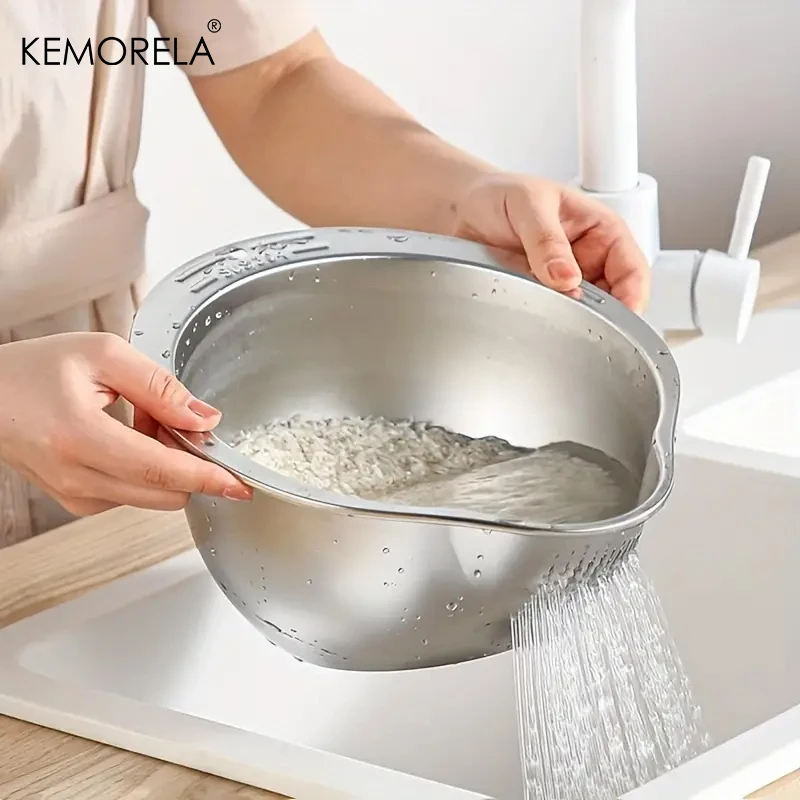 Ciotola per lavare il riso in acciaio inox, colino a maglia fine per Ciotola per lavare il riso in acciaio inox, colino a maglia fine per