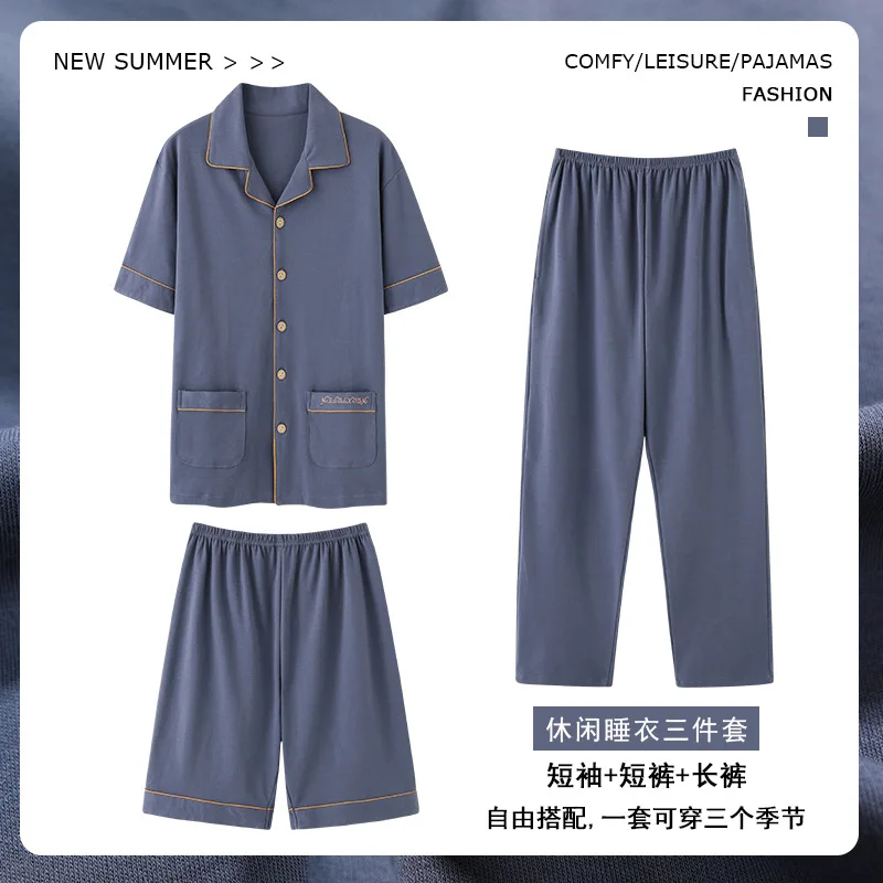3 Pieces Cotton Men's Pajamas Set Spring Summer Korean Fashion Nightwear Plus Size M-4XL Home Clothes Male Young Boy Loungewear