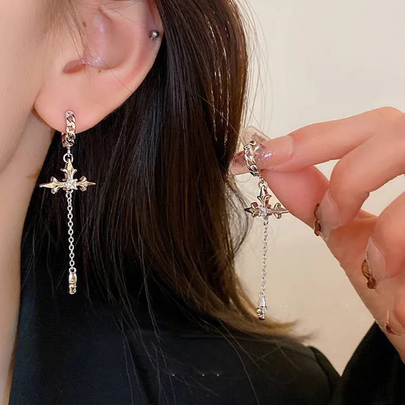 Cool Rhinestone Zircon Cross Earrings for Women Korean Fashion Long Tassel Earring Girls Daily Birthday Party Y2k Jewelry Gifts